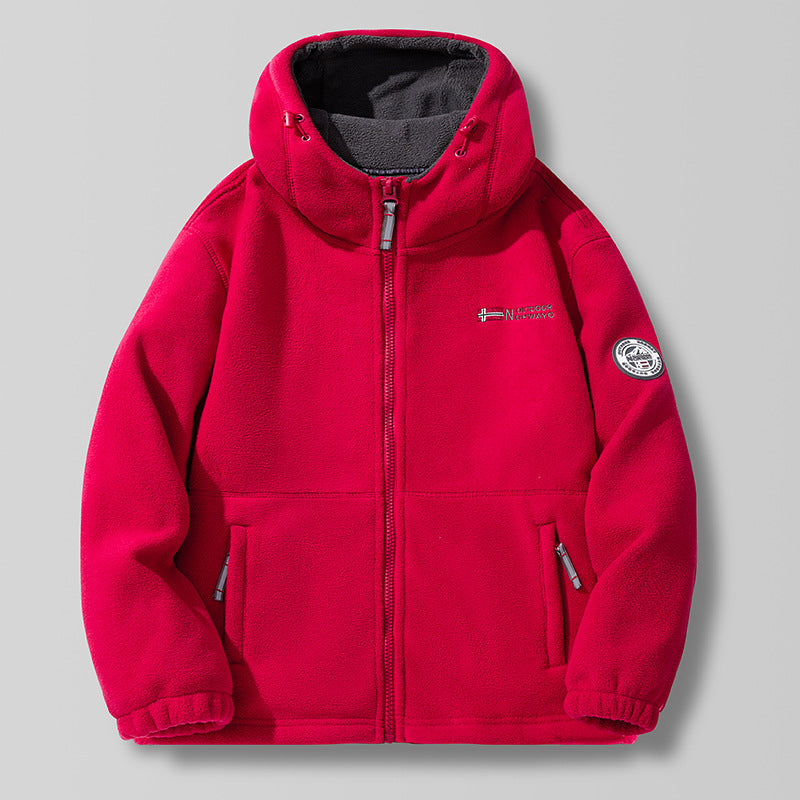 Unisex nan Kapuzen-Fleecejacke mit hochgeschlossenem Haubenkragen, durchgehendem Reißverschluss und seitlichen Einschubtaschen Drune