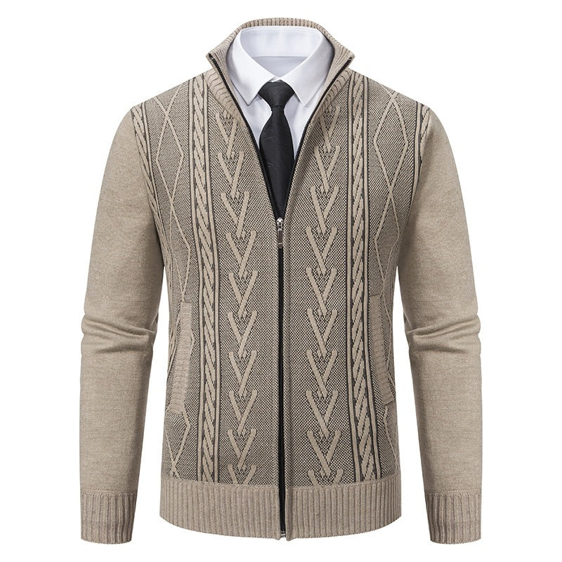 Herren Feinstrick-Zipjacke mit geometrischem Jacquardmuster, Stehkragen und Eingrifftaschen Drune