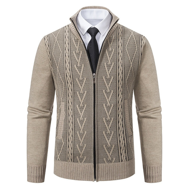 Herren Feinstrick-Zipjacke mit geometrischem Jacquardmuster, Stehkragen und Eingrifftaschen Drune