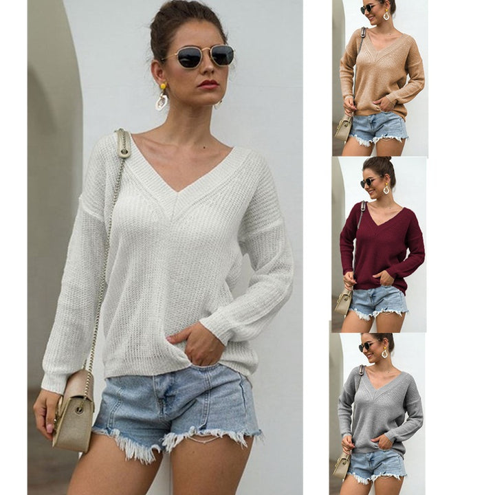 Damen lässiger Strickpullover mit tiefem V-Ausschnitt und strukturierter Oberfläche Drune