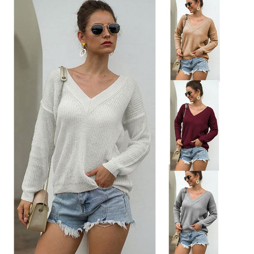 Damen lässiger Strickpullover mit tiefem V-Ausschnitt und strukturierter Oberfläche Drune
