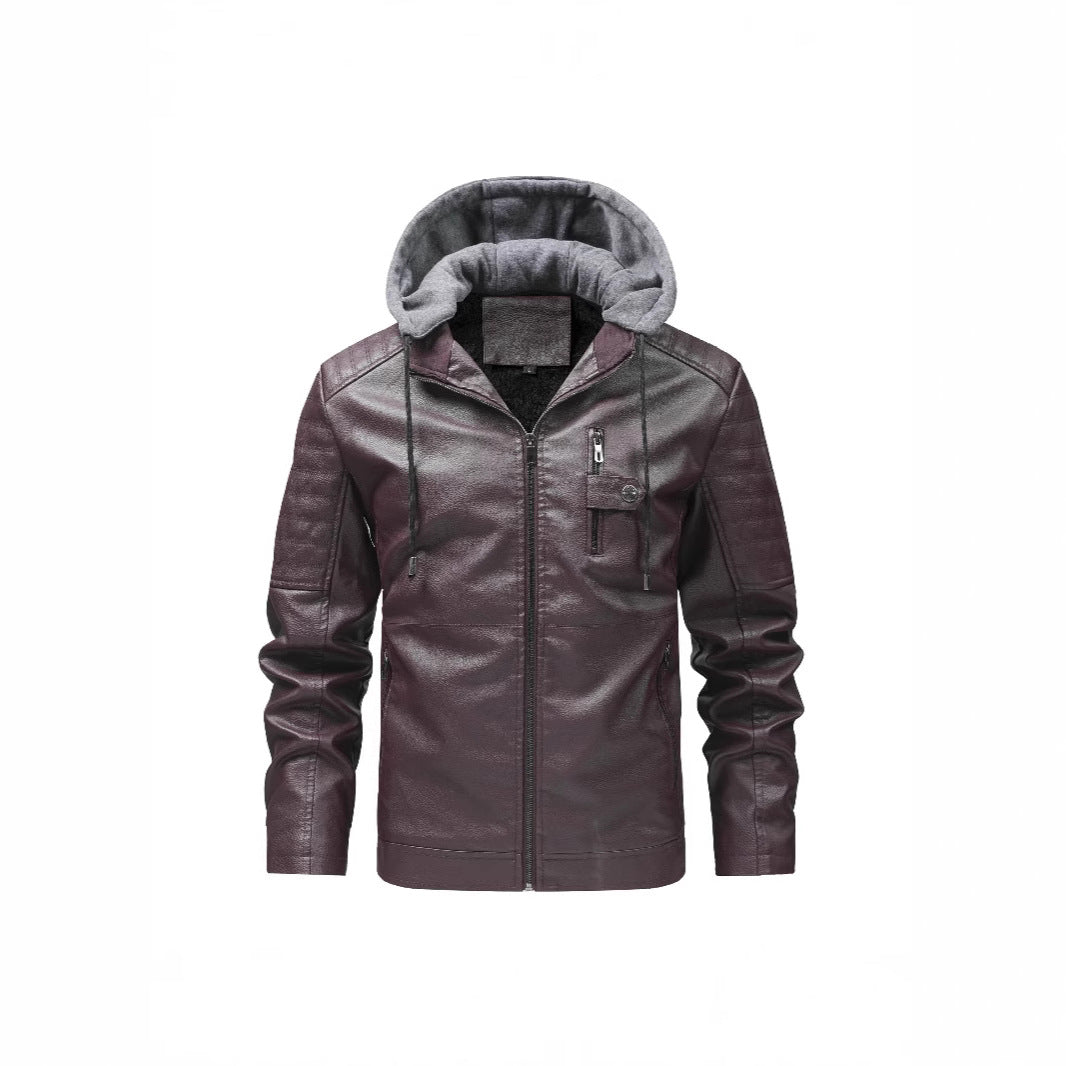 Herren Stilvolle Kunstlederjacke mit Kapuze Drune