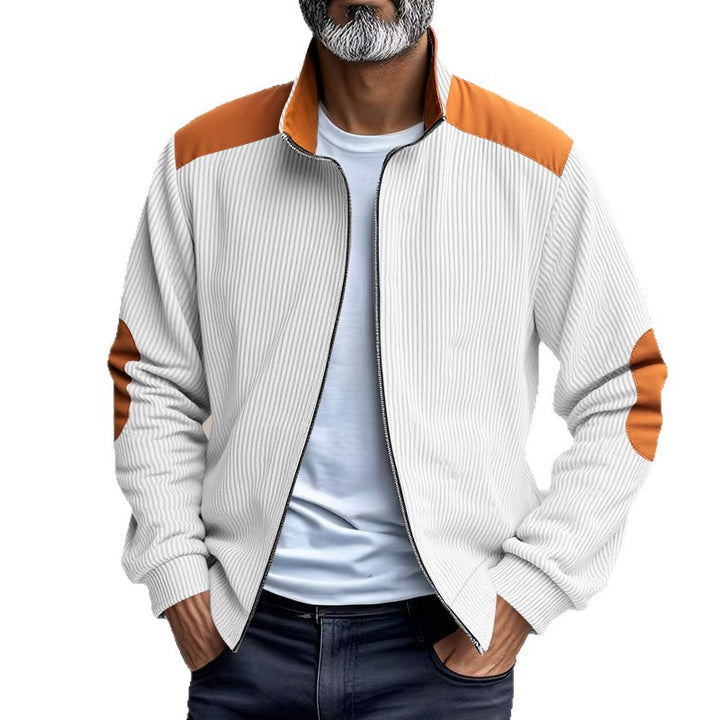 Herren nan gerippte Stehkragen-Sweatjacke mit durchgehendem Reißverschluss, Schulter- und Ellbogen-Patches Drune