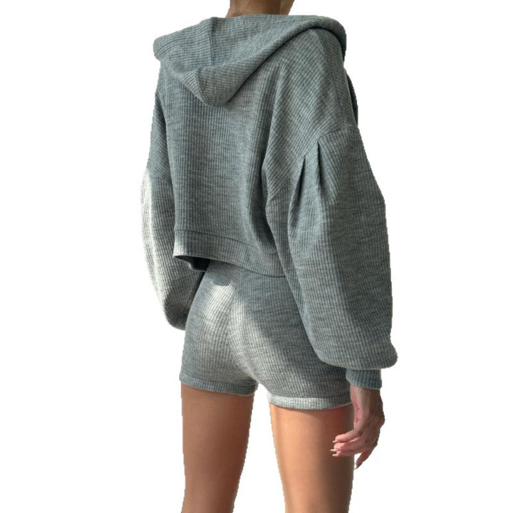 Damen nan kurzes geripptes Lounge-Set mit Kapuzen-Zipjacke und Highwaist-Shorts Drune