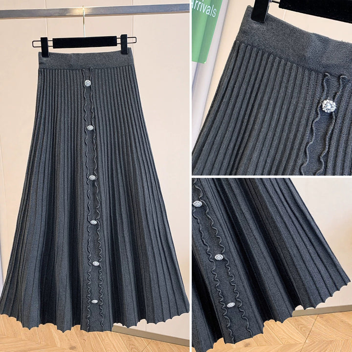 Damen Eleganter plissierter Maxirock mit Knopfdetails Drune