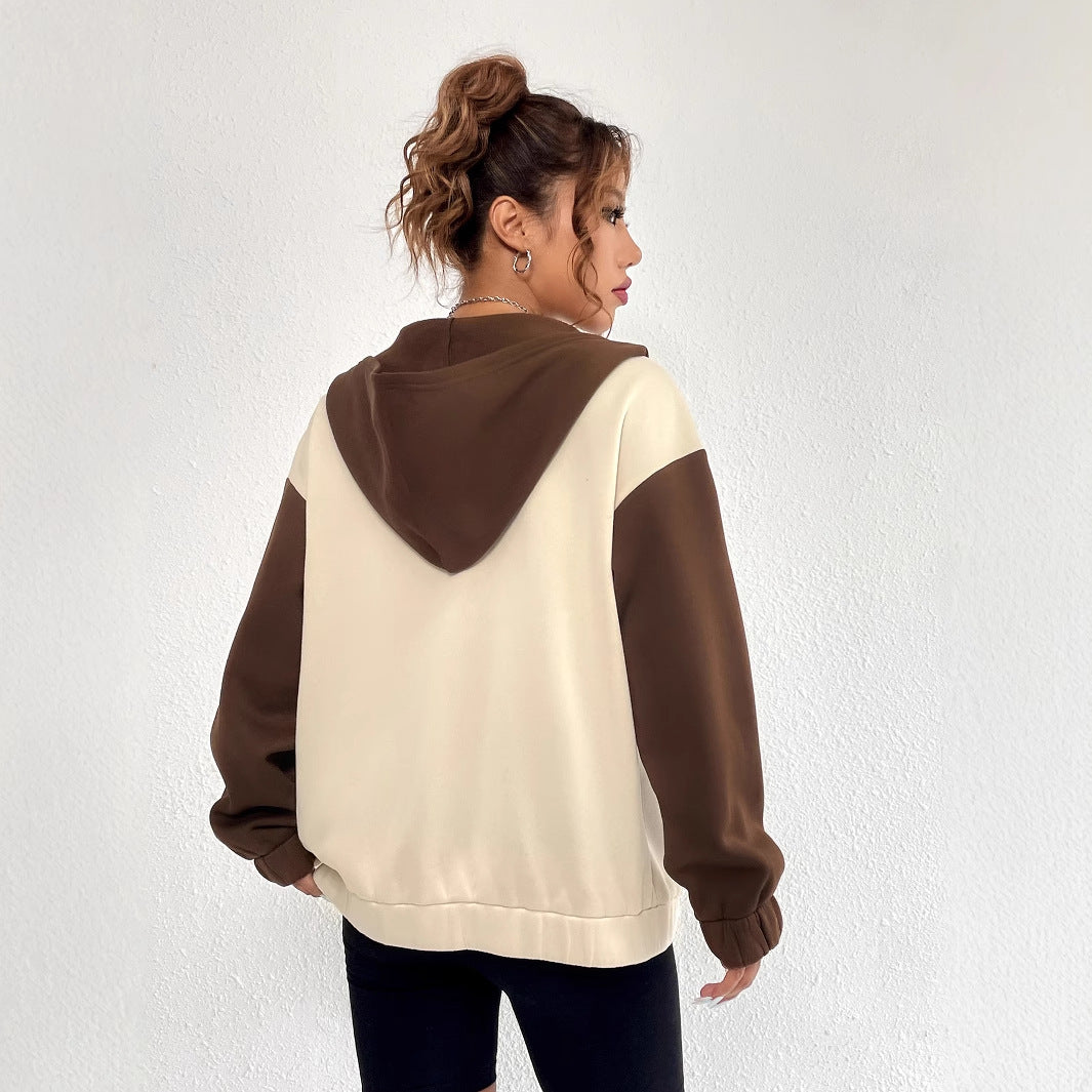 Damen lässige Sweatjacke mit kontrastierenden Ärmeln und Kapuze Drune