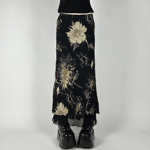 Damen Eleganter Maxirock mit floralem Muster und transparentem Untergrund Drune