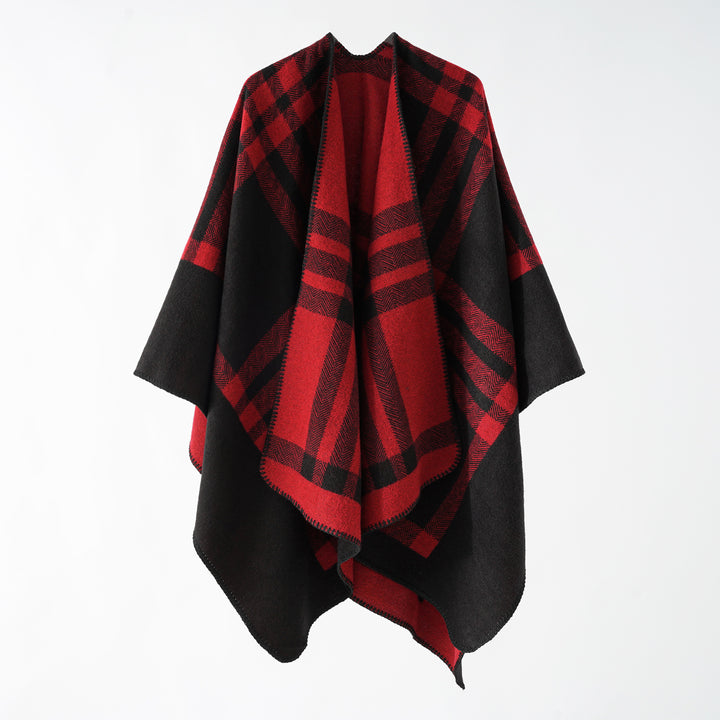 Damen Oversize-Webponcho im kastigen Kimono-Fall mit geometrischer Karo-Struktur Drune