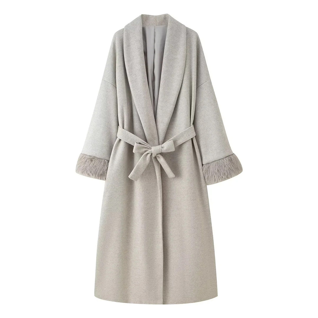 Damen nan oversize Mantelrobe mit weitem Schalkragen, Taillenband und Fauxfur-Manschetten Drune