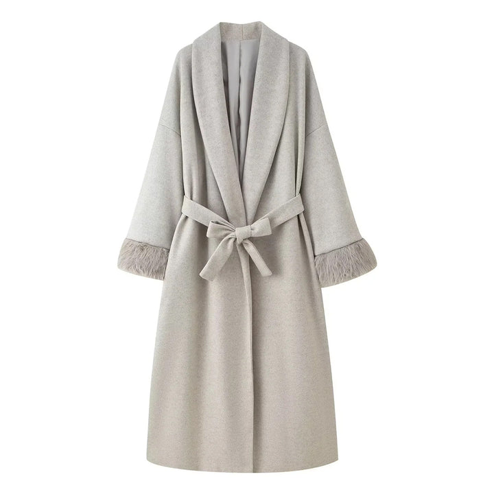 Damen nan oversize Mantelrobe mit weitem Schalkragen, Taillenband und Fauxfur-Manschetten Drune