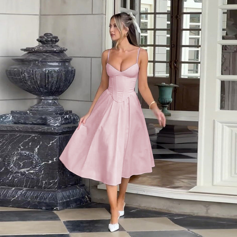 Damen Midi Kleid mit figurbetonter Corsage und schwingendem Rock Drune
