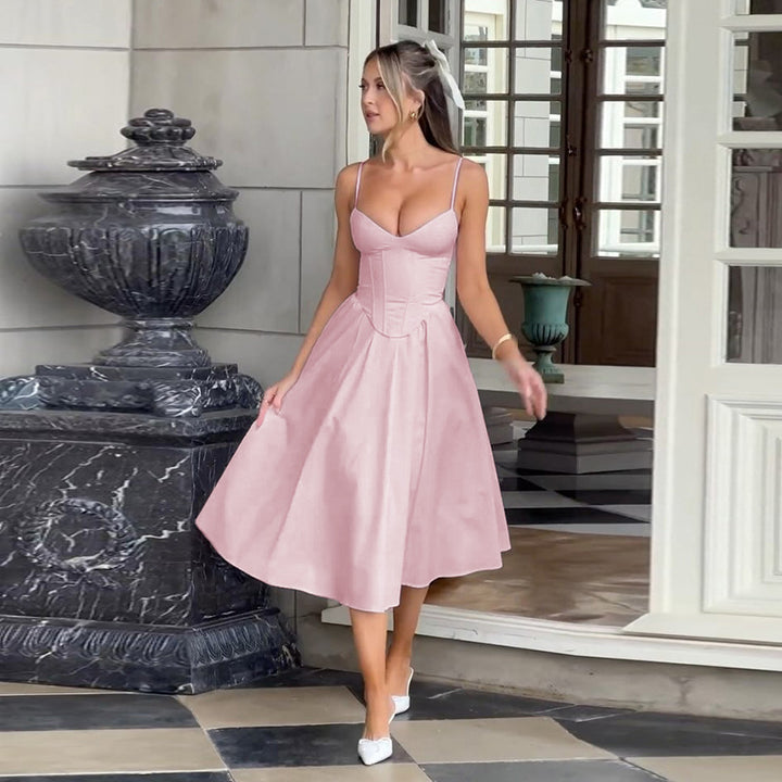 Damen Midi Kleid mit figurbetonter Corsage und schwingendem Rock Drune