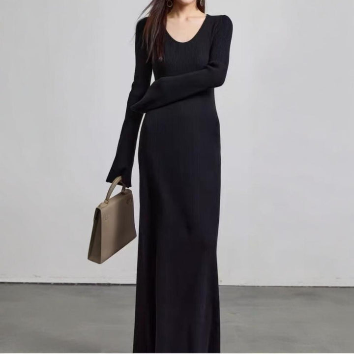 Damen elegantes Maxikleid mit feiner Rippstruktur und V-Ausschnitt Drune