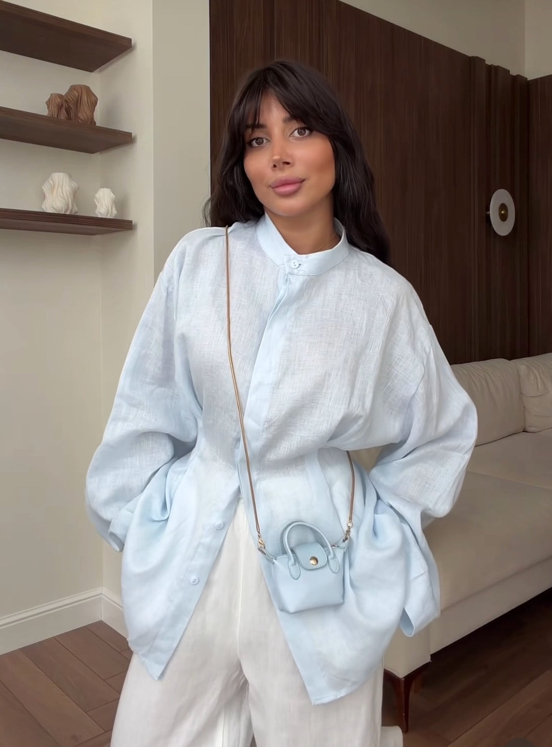 Damen Oversize-Leinenbluse mit Stehkragen und Ballonärmeln Drune