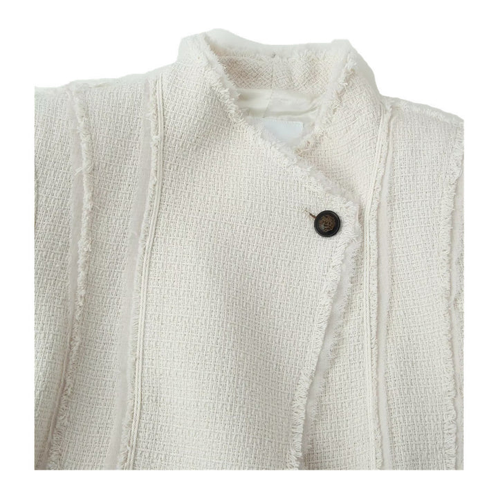 Damen Bouclé-Blazer mit Stehkragen, asymmetrischem Verschluss und fransigem Saum Drune