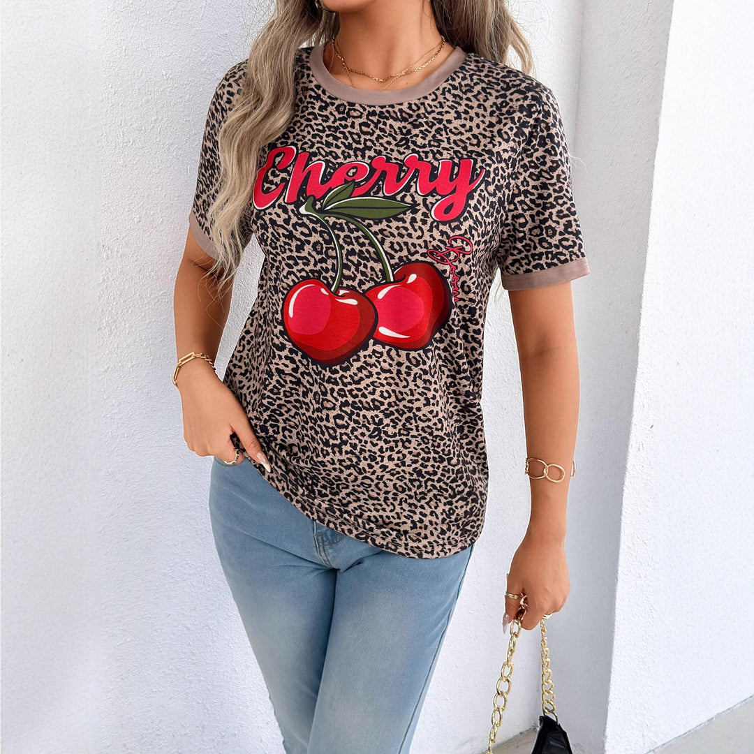 Damen lässiges T-Shirt mit Leopardenmuster und frischem Kirschen-Print Drune