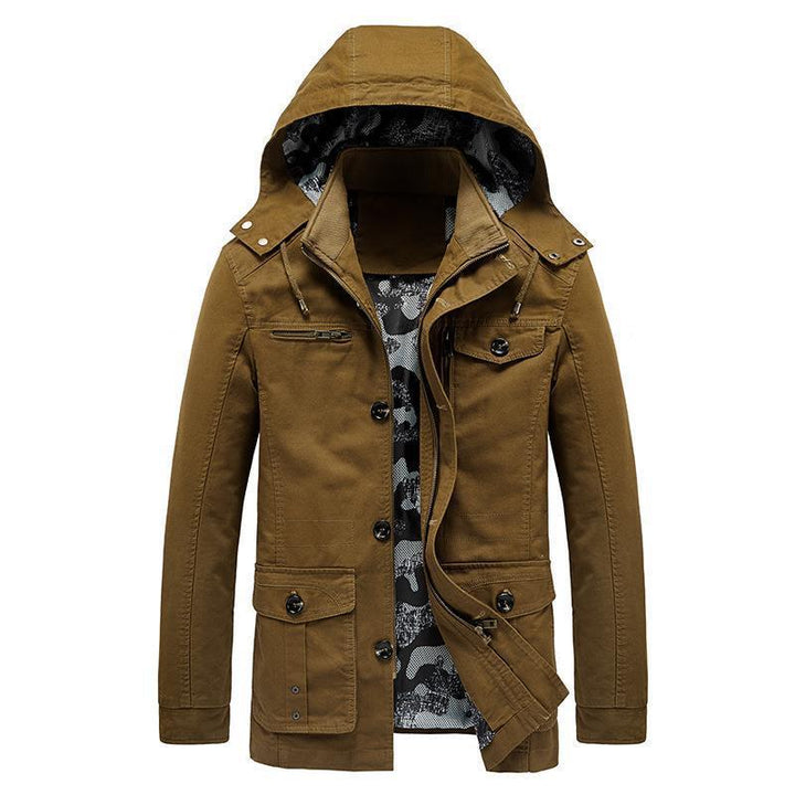 Herren mittellange Canvas-Fieldjacke mit Kapuze, Cargo‑Taschen und Camouflage‑Innenfutter Drune