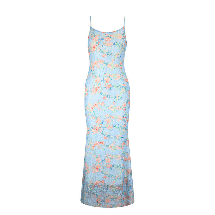 Damen Maxikleid mit feinem Blumenmuster und zarten Spagettiträgern Drune
