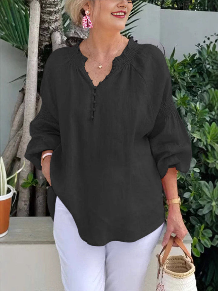 Damen lässige Kleidungsbluse mit Ballonärmeln und Knopfleiste Drune
