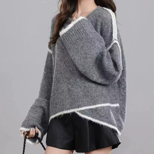 Damen Grober Strickpullover mit Kontrastfarben und lässigem Schnitt Drune