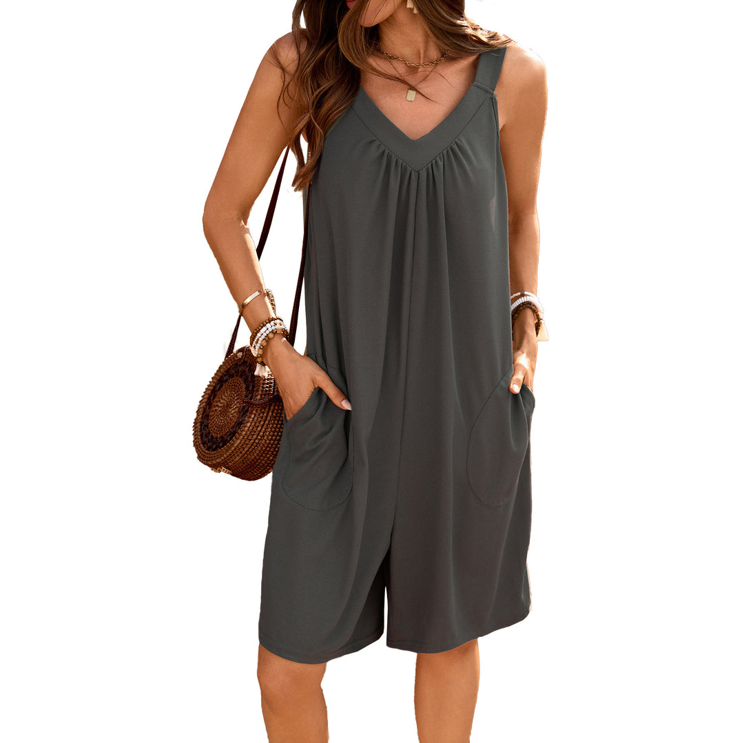 Damen ärmelloses Jumpsuit mit tiefem V-Ausschnitt und praktischen Taschen Drune