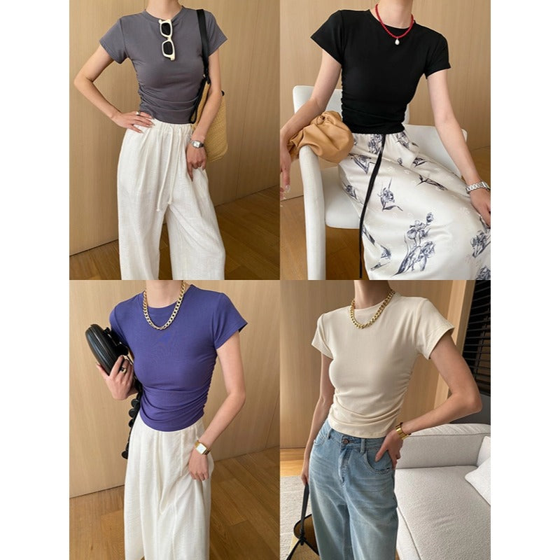 Damen figurbetontes T-Shirt mit dezenten Raffungselementen Drune