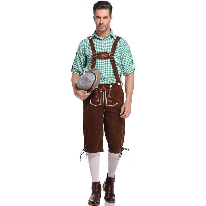 Damen nan kurze Trachten-Latzhose mit gesticktem Hirschmotiv, verstellbaren Trägern und Spitzenbordüre Drune