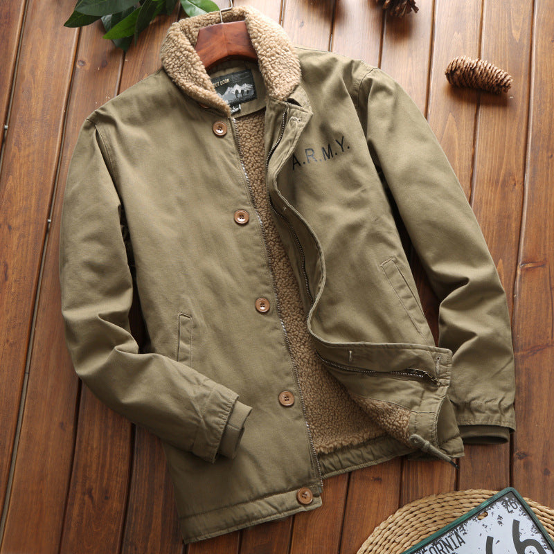 Herren Gefütterter Canvas‑Blouson mit Teddyfleece‑Innenfutter, Hemdkragen und Military‑Print Drune