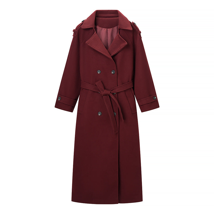 Damen Maxilanger Wollmix-Trenchcoat mit Schulterpasse, Bindegürtel und Krempelärmeln Drune