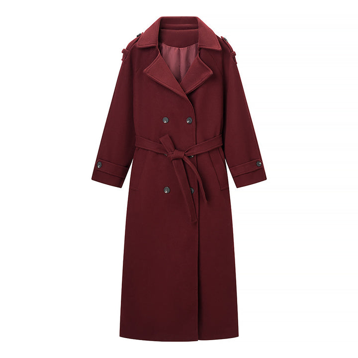 Damen Maxilanger Wollmix-Trenchcoat mit Schulterpasse, Bindegürtel und Krempelärmeln Drune