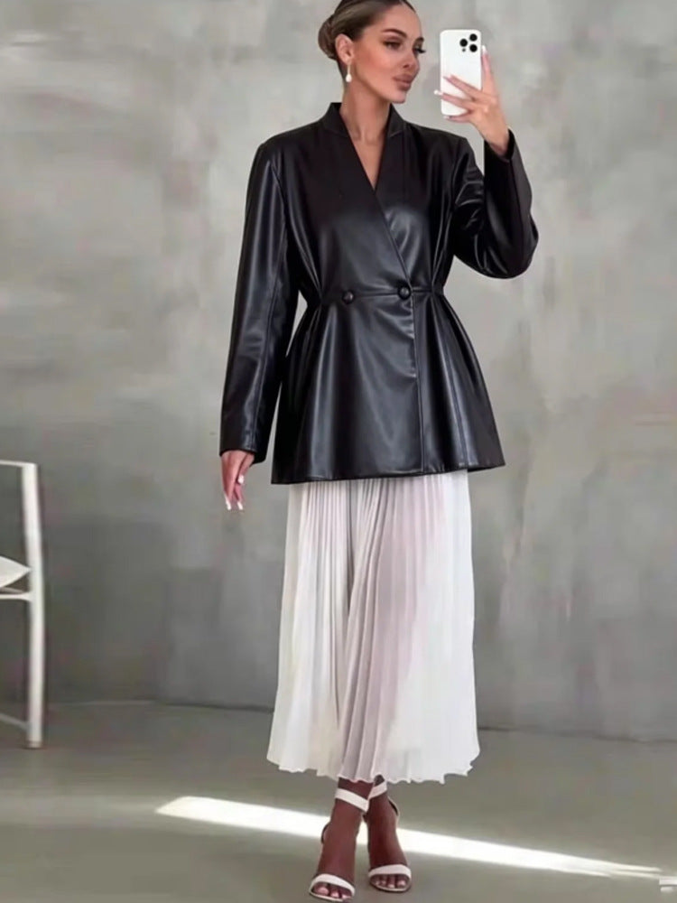 Damen Taillierter Wickelblazer aus Lederimitat mit ausgestelltem Saum Drune