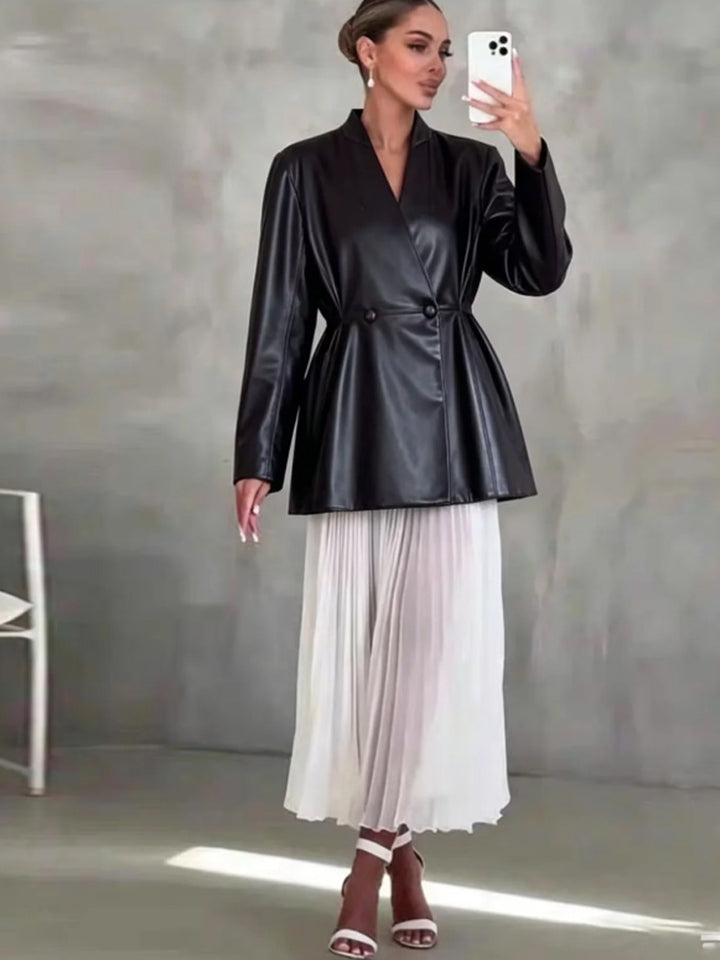 Damen Taillierter Wickelblazer aus Lederimitat mit ausgestelltem Saum Drune