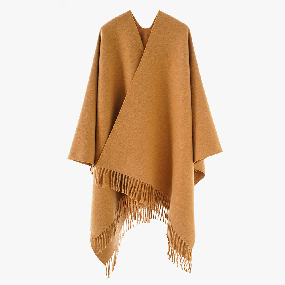 Damen Minimalistischer Wickel‑Capeponcho aus Wollmix mit V‑Ausschnitt und zartem Fransensaum Drune