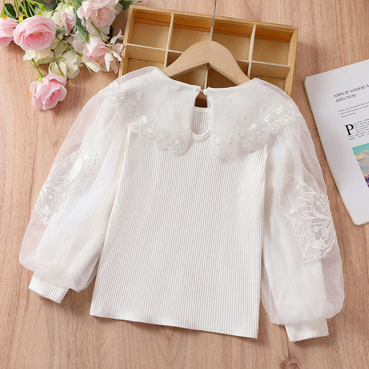 Mädchen Bluse mit luftigen Tüllärmeln und zarter Blumenbestickung Drune