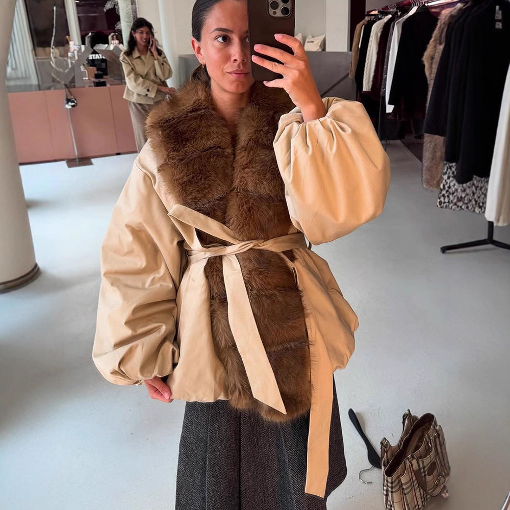 Damen modische Übergangsjacke mit voluminösen Ärmeln und luxuriösem Kunstpelzkragen Drune