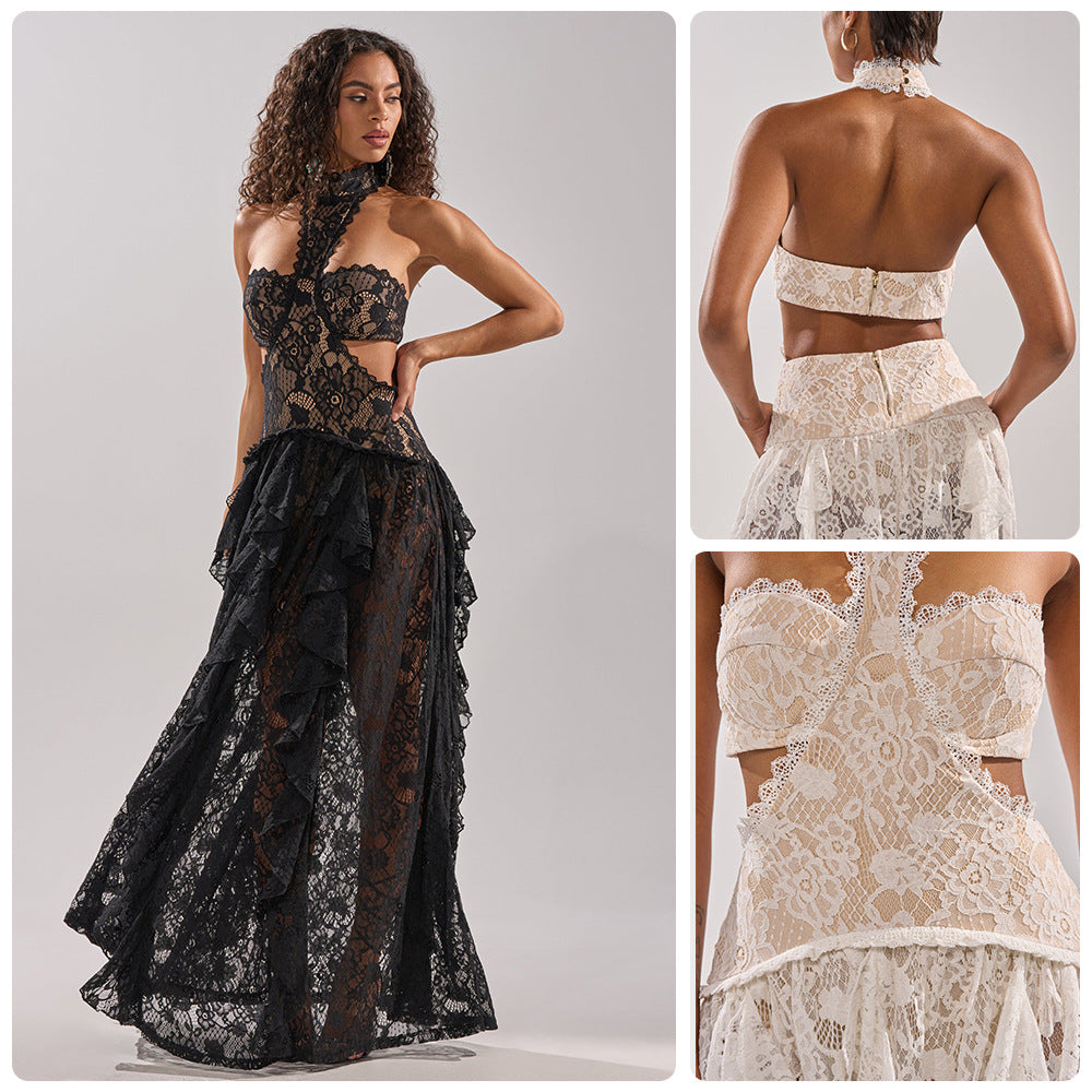 Damen elegante Spitzentraumkleid mit hochgeschlossenem Kragen und fließendem Rock Drune
