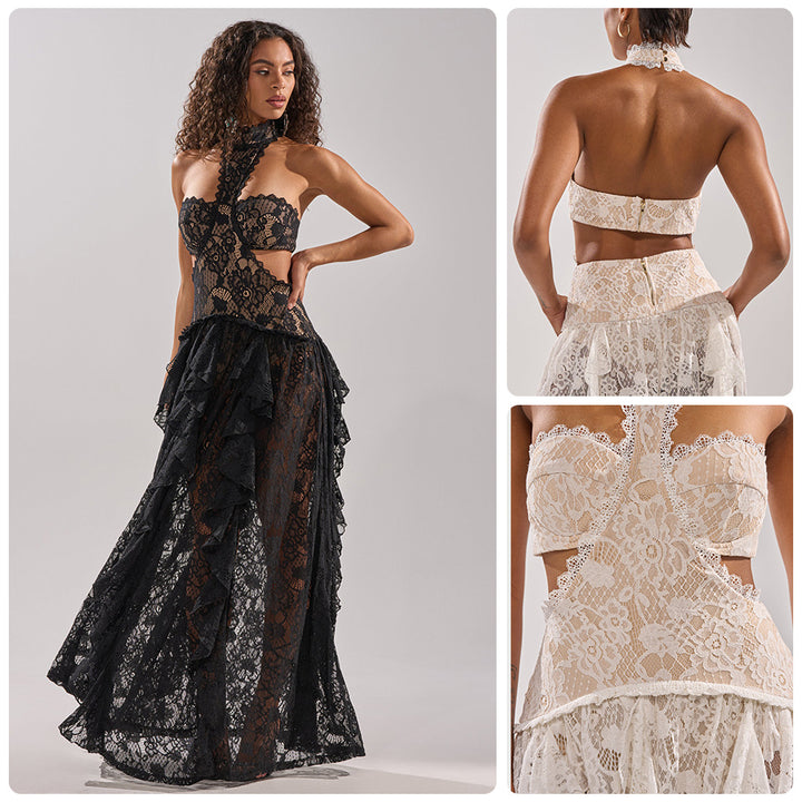 Damen elegante Spitzentraumkleid mit hochgeschlossenem Kragen und fließendem Rock Drune