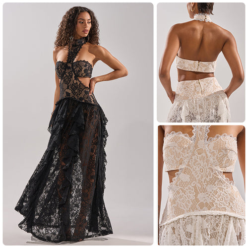 Damen elegante Spitzentraumkleid mit hochgeschlossenem Kragen und fließendem Rock Drune