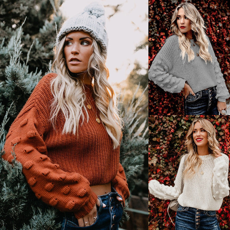 Damen lässiger Strickpullover mit voluminösen Ärmeln und strukturiertem Muster Drune