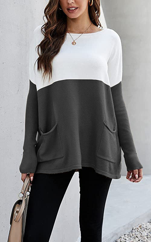 Damen Strickpullover mit großen Fronttaschen und kontrastiertem Design Drune