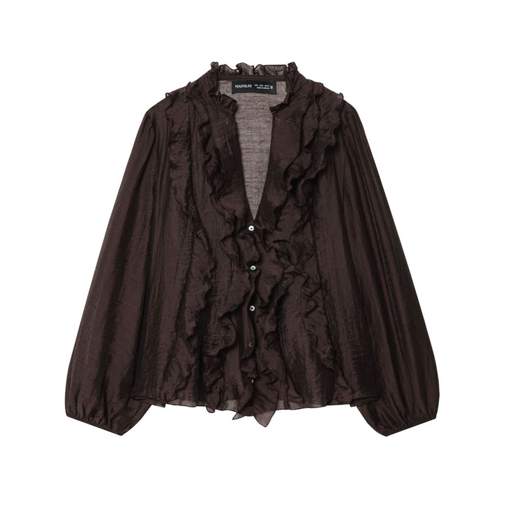 Damen nan zarte Volantbluse aus Crinkle-Chiffon mit Stehkragen und Ballonärmeln Drune