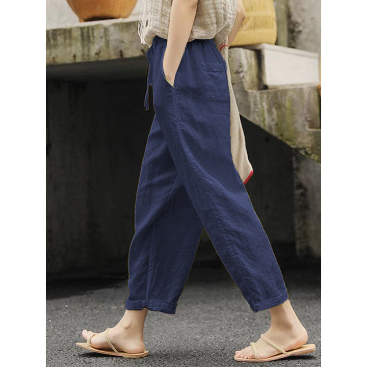 Damen lässige Leinenhose mit elastischem Bund und seitlichen Taschen Drune