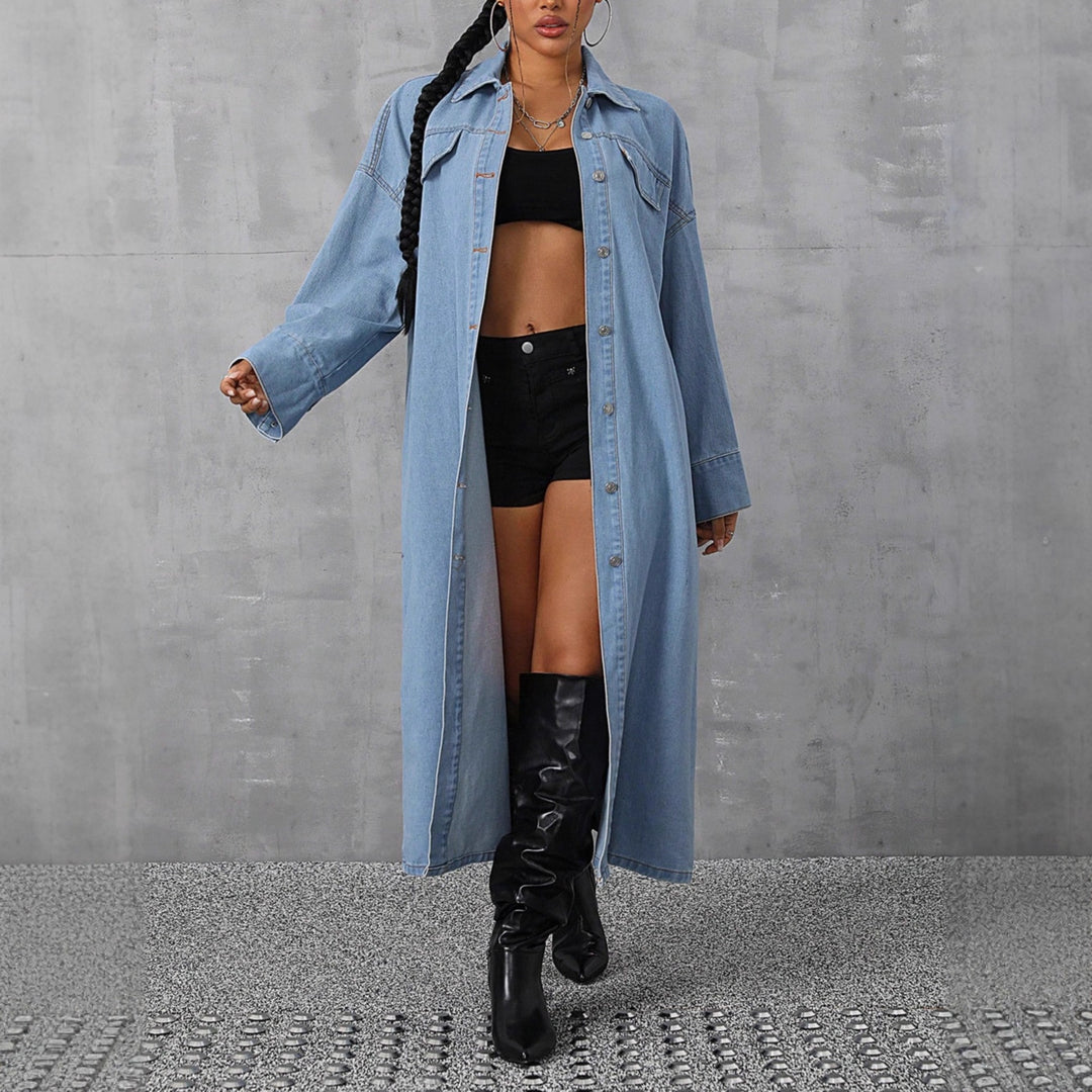 Damen Denim-Maxi-Jacke im lässigen Oversized-Schnitt mit bequemen Druckknöpfen und praktischen Taschen Drune