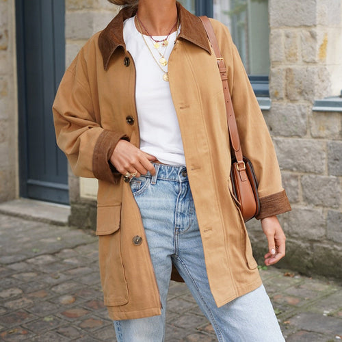 Damen lässige Baumwolljacke mit weichem Kragen und praktischen Taschen Drune