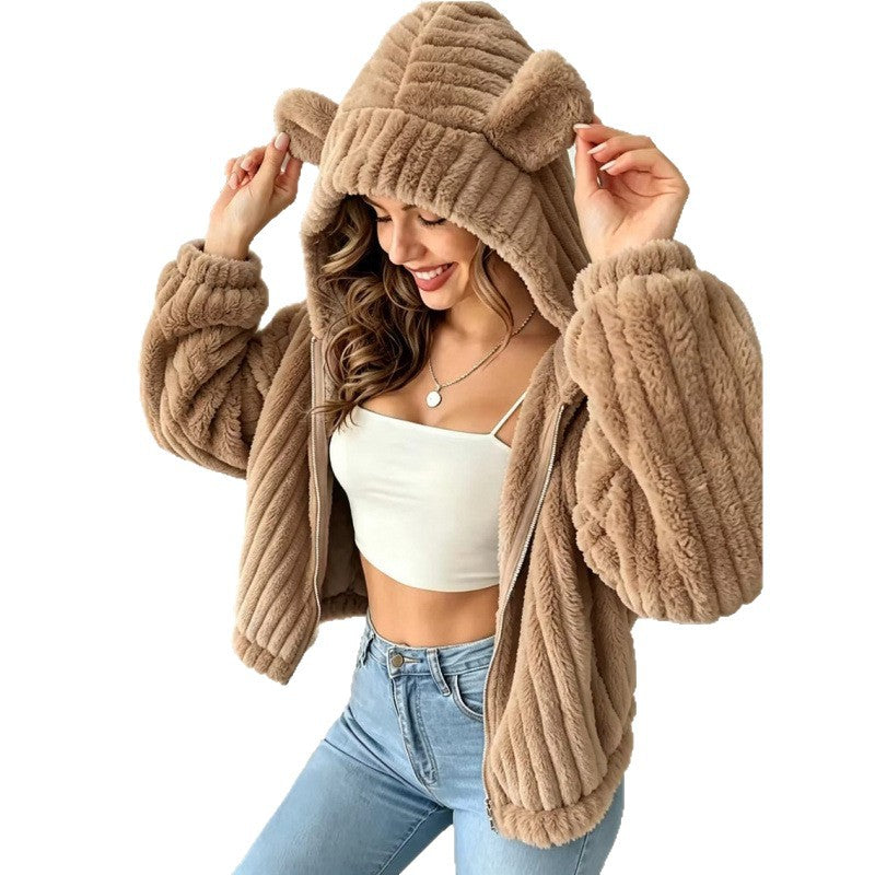 Damen Kuschelige Teddy-Kapuzenjacke mit Plüschstruktur und Kapuzenohren Drune