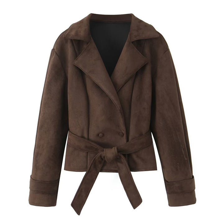 Damen Kurze Taillierte Velours‑Suede‑Jacke mit Bindegürtel und Reverskragen Drune