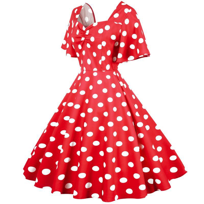 Damen Rockabilly Kleid mit verspieltem Polka-Dots-Muster und schwingendem Saum Drune