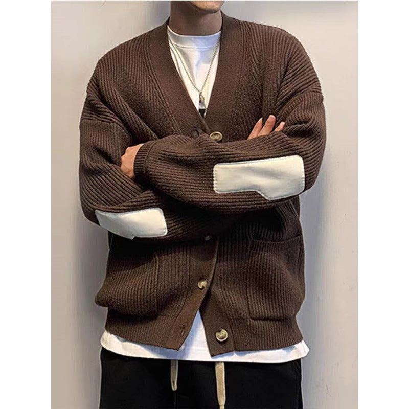 Herren Oversized Strickcardigan mit Ellenbogen-Patches und aufgesetzten Taschen Drune