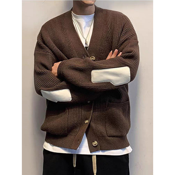 Herren Oversized Strickcardigan mit Ellenbogen-Patches und aufgesetzten Taschen Drune