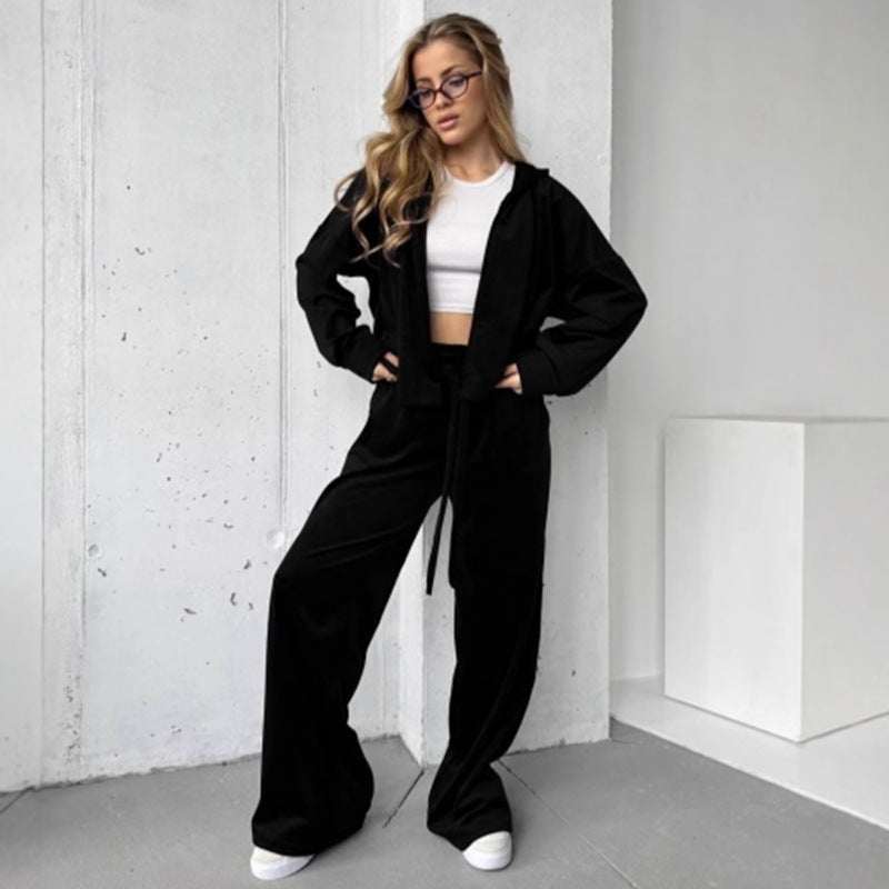 Damen weicher Velours Zweiteiler mit Kapuzenjacke und weiter Jogginghose Drune